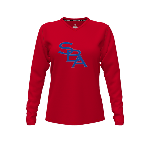 [CUS-DFW-TEES-PER-VNK-LSL-RED-FYXS-LOGO2] Decker Performance T-Shirt (Female Youth XS, Red, V Neck, Logo 2, Long Sleeve)